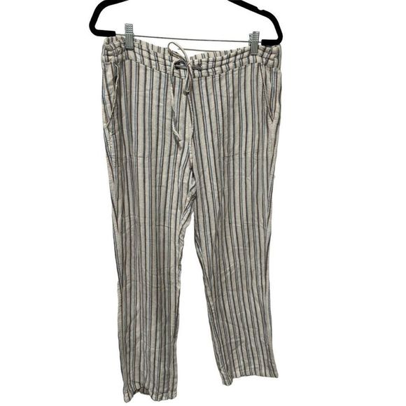 For Cynthia Linen Blend White Blue Tan Striped Pants Large Drawstring Pockets - Picture 1 of 10
